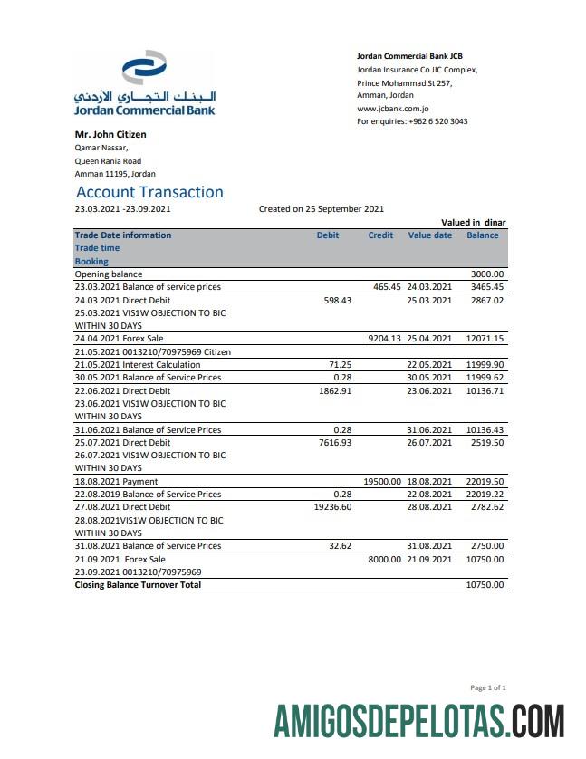 Extrato bancário JCB do banco comercial da Jordânia para impressão, modelo fácil de preencher em formato de arquivo .xls e .pdf
